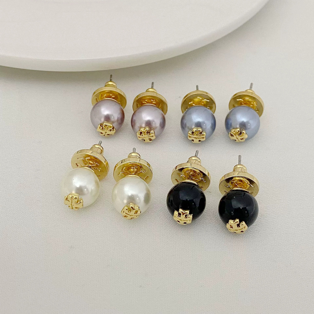 Tory Burch Gold Plated Double Charm Pearl Stud Earrings